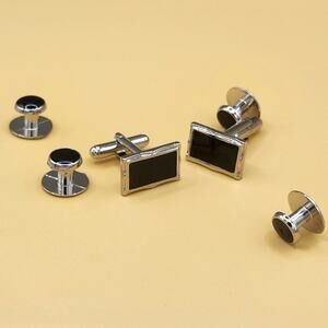 Formal CUFFLINKS Button Studs Black Enamel Silver Metal Wedding Cuff Links set
